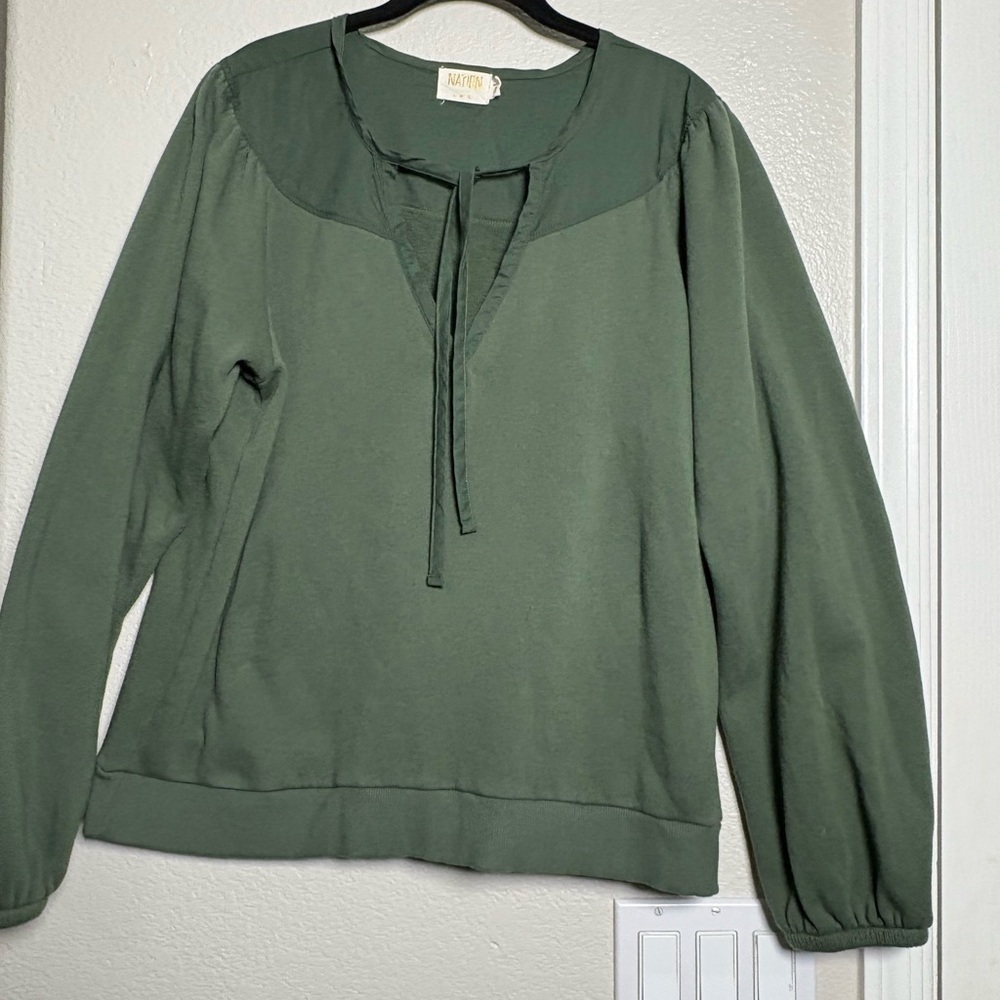 Nation LTD Forest Green Fleece Top with Neck Tie. Soft Peruvian Cotton. XL